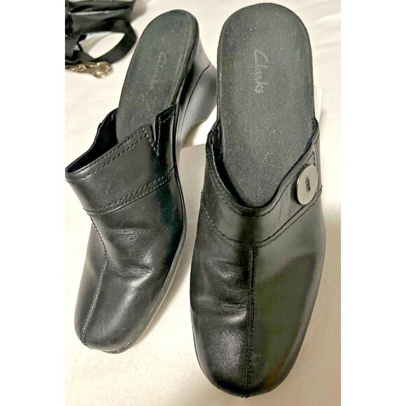 Clarks Black Leather Woman's Clogs Slip On, Size US 7.5 - Picture 1 of 7